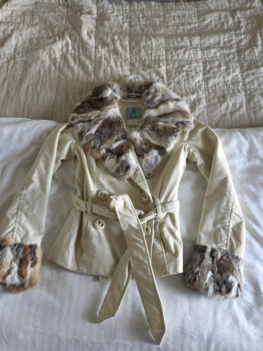 Marciano GUESS real Rabbit Fur Removable Collar & Cuff Cream Trench Jacket - XS